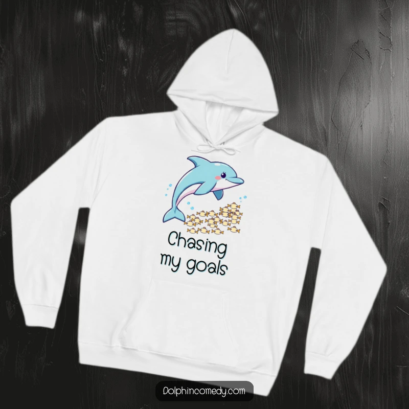 Funny Hoodie: A dolphin playfully chases fish, designed for cozy wear and humorous appeal.