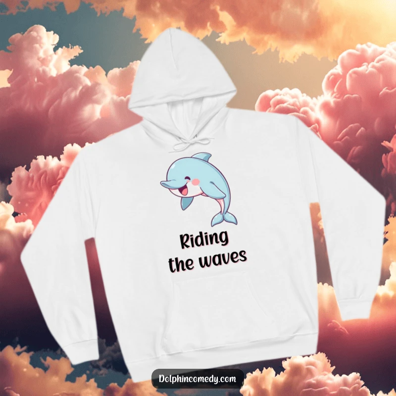 Funny, cozy hoodie depicting a cheerful dolphin swimming in a graceful arc, offering comfort and elegant vibes.