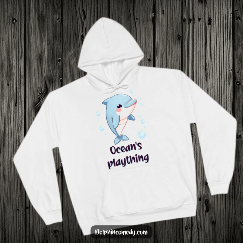 Funny dolphin hoodie depicting a happy dolphin with a playful gaze, joyfully pursuing a stream of lighthearted bubbles.
