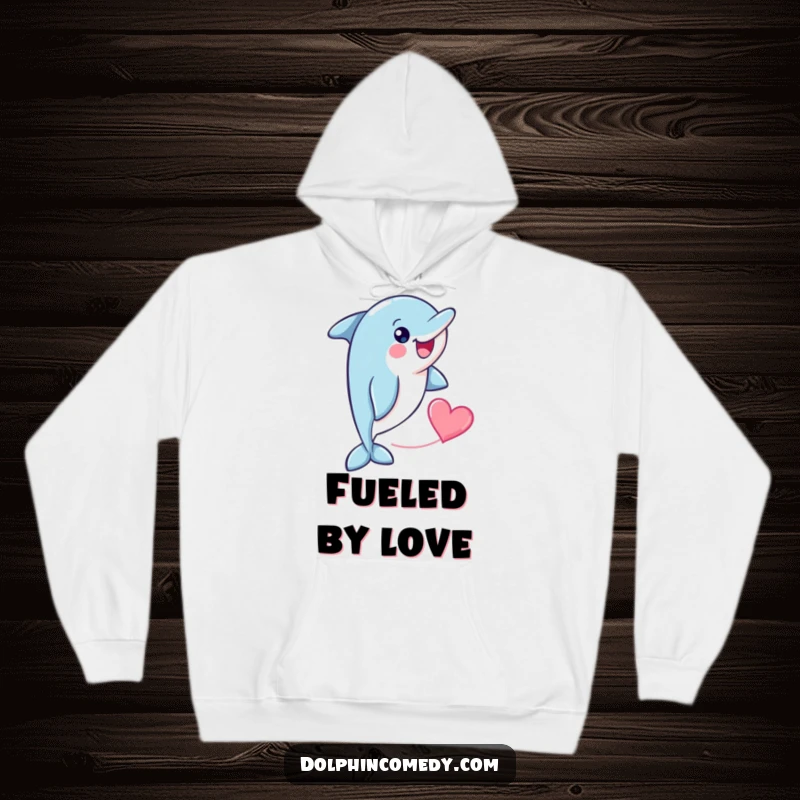 Funny cheerful dolphin with a heart shape trailing behind it, featured on a cozy hoodie for ultimate warmth and affection.
