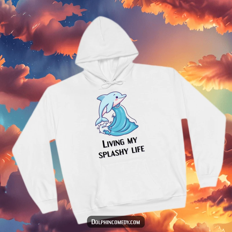Funny dolphin leaping joyfully out of a stylized ocean wave, featured on a cozy hoodie for ultimate comfort and smiles.