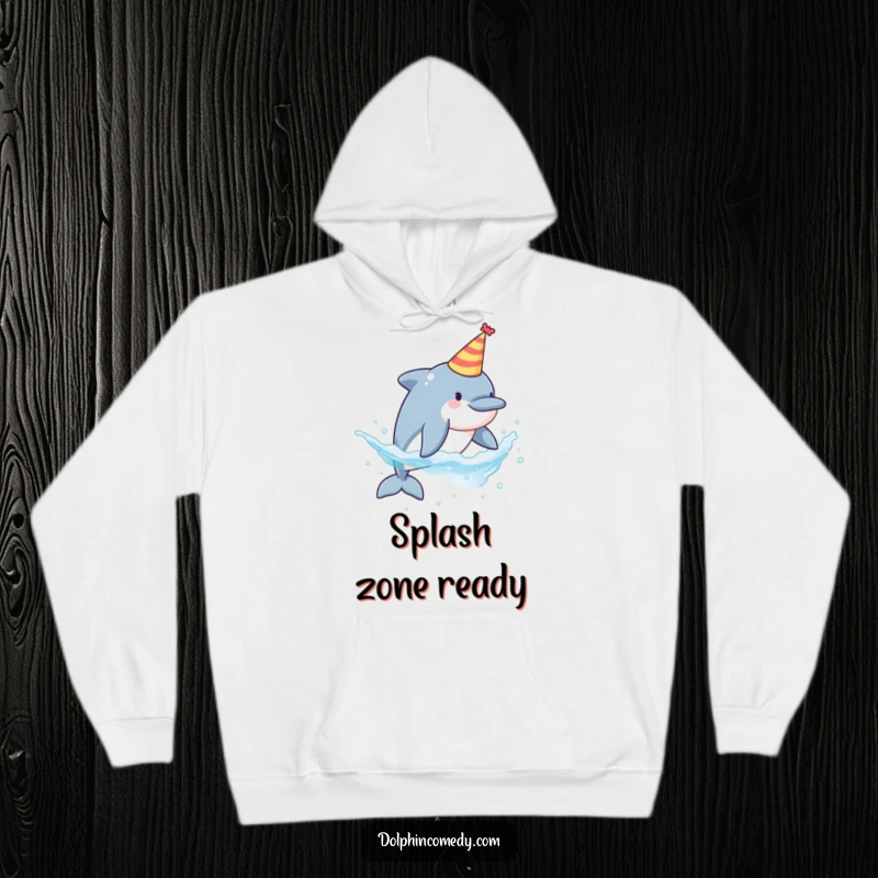 Funny plush hoodie featuring a dolphin wearing a party hat and energetically splashing water, perfect for cozying up.