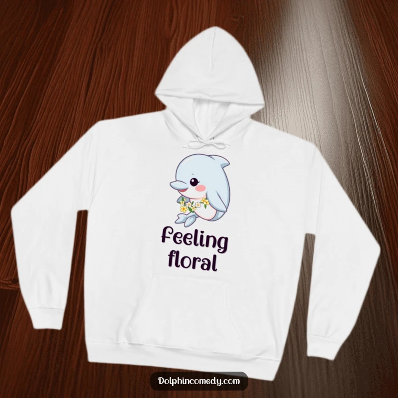 Funny hoodie featuring a dolphin happily swimming with a flower garland around its neck, offering warmth and whimsical charm.