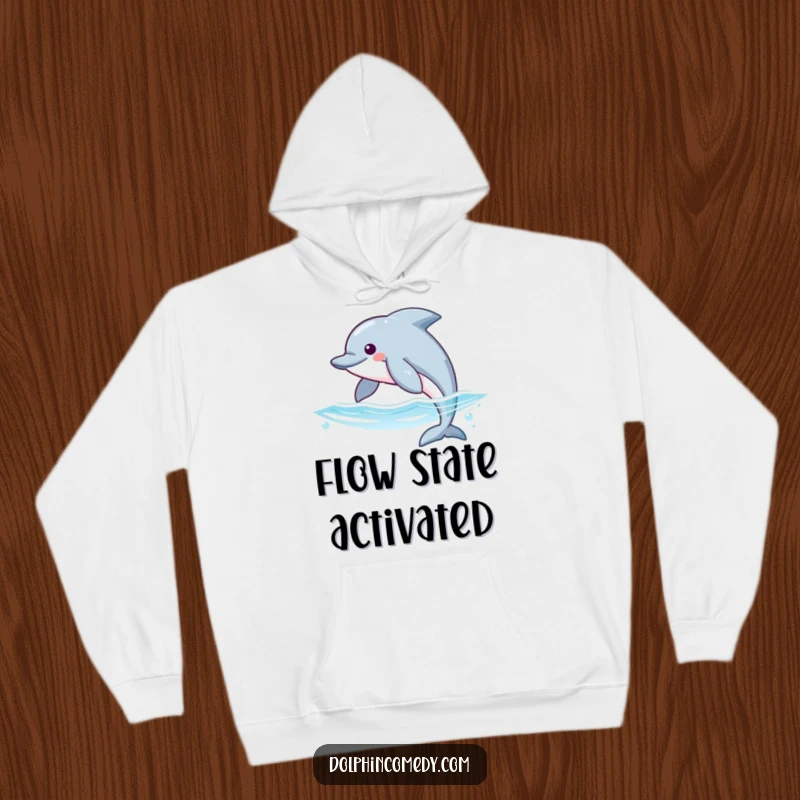 Funny hoodie depicting a dolphin with sleek fins gliding gracefully through the ocean, offering warmth and a touch of marine humor.