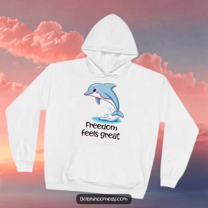 Funny Hoodie: A sleek dolphin breaching majestically, symbolizing freedom and power. Cozy and humorous outerwear for adventurers.