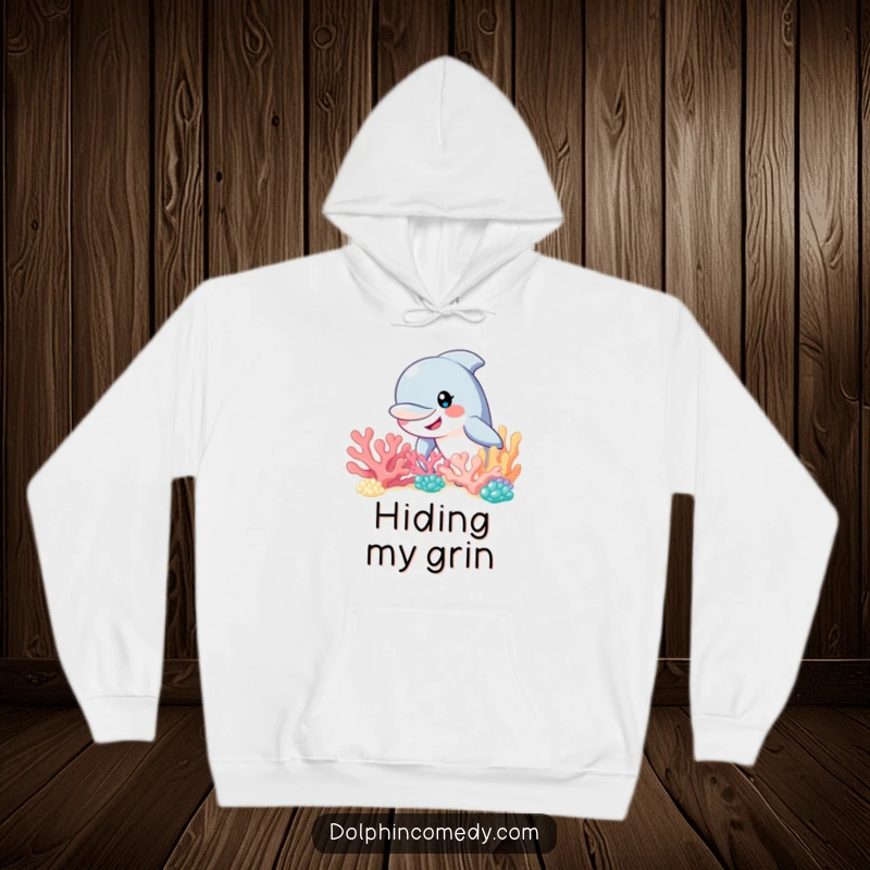 Funny dolphin with a wide grin peeking around a coral reef, a comfortable hoodie for those who love underwater secrets.