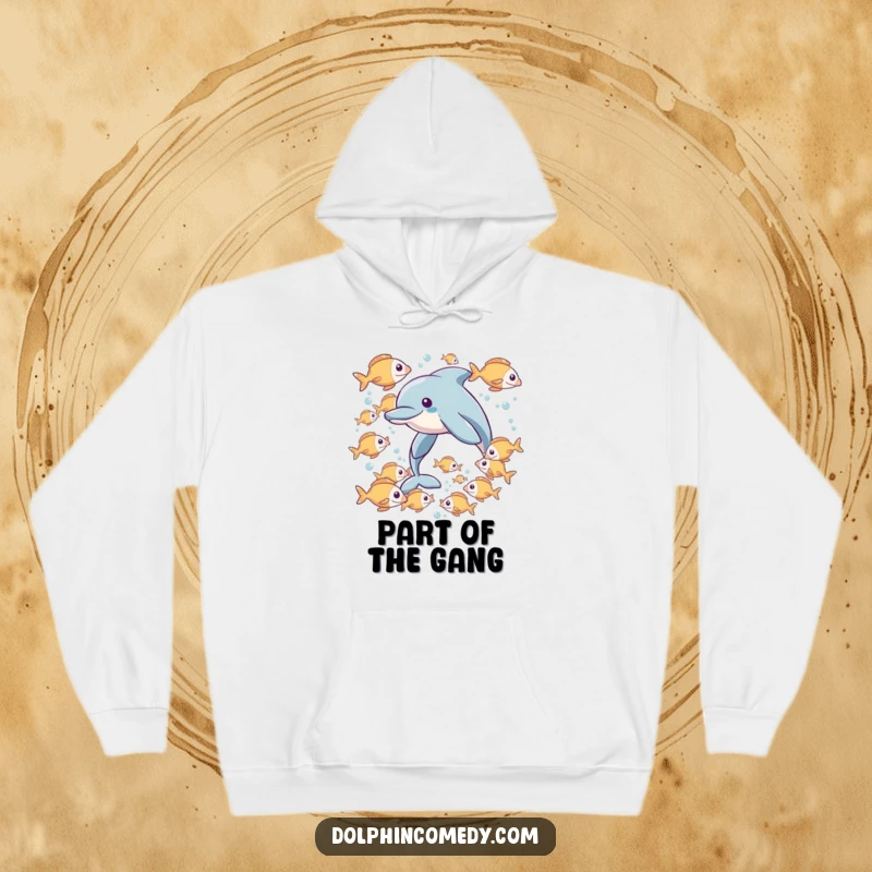 Funny hoodie featuring a dolphin swimming harmoniously with a playful school of fish, perfect for cozy, marine-themed moments.