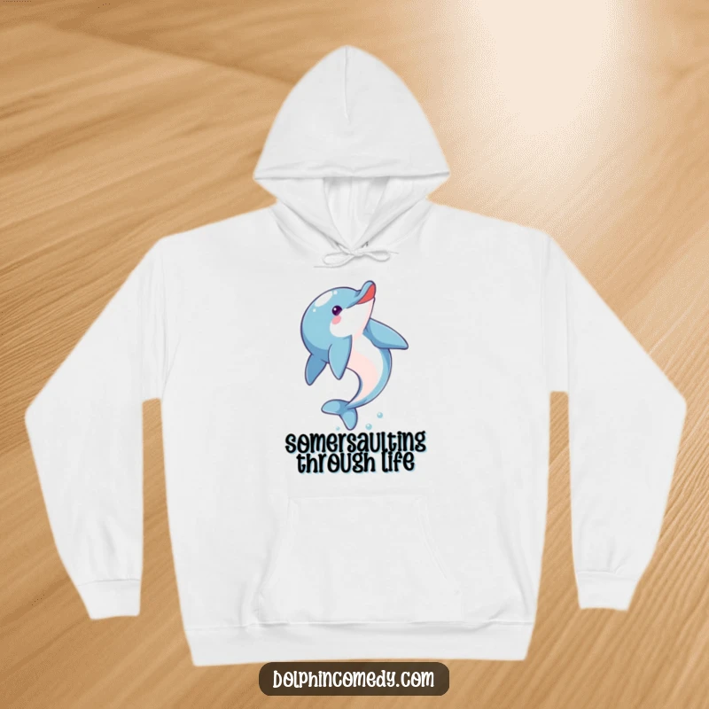 Funny Dolphin Hoodie: A cozy hoodie featuring a cheerful dolphin performing a dynamic somersault, perfect for seaside dreams.