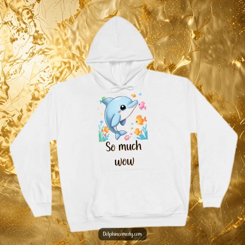 Funny Dolphin Hoodie featuring a curious dolphin with wide eyes watching fish, offering cozy warmth and a humorous, wonder-filled aquatic vibe.