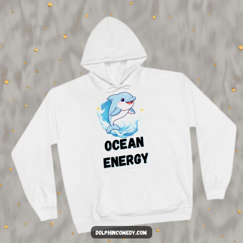Funny Dolphin Hoodie: A joyful cartoon dolphin mid-leap through a sparkling wave, a comfortable and humorous garment.