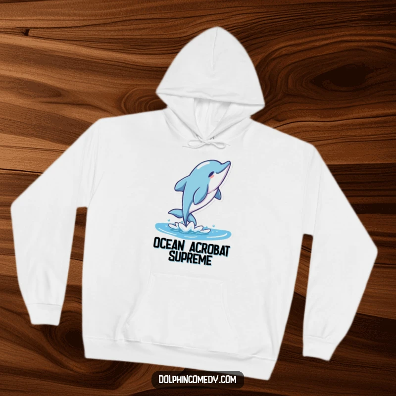 Funny Stylized Dolphin Hoodie featuring a playful character doing a graceful flip, surrounded by stylized waves.