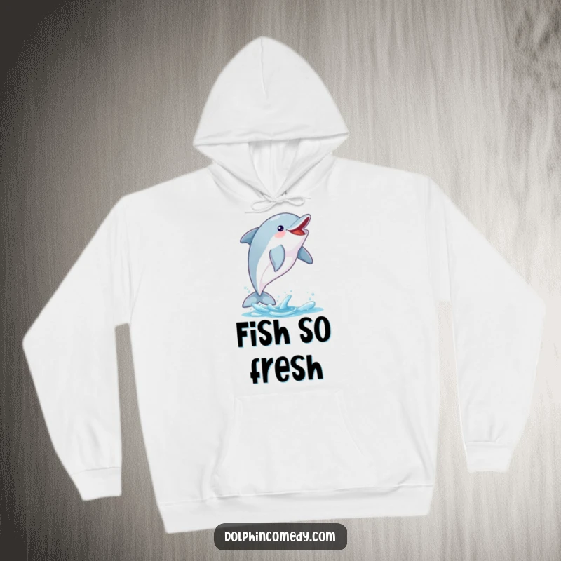 Funny Dolphin Hoodie: An excited dolphin performs an aerial fish catch, a warm and funny gift for adventurers.