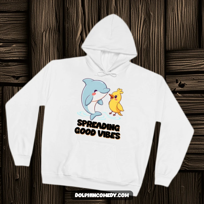 Funny Dolphin Hoodie: A cozy hoodie with a dolphin warmly greeting a bird, blending comfort with charming animal interaction.