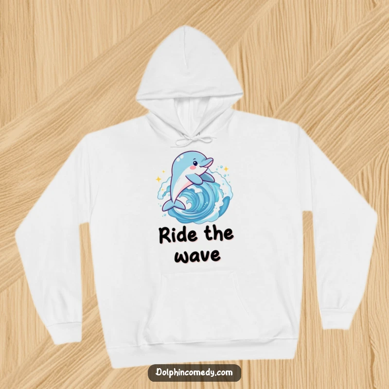 Funny joyful dolphin hoodie featuring a playful dolphin leaping through a sparkling wave, ideal for cozy wear.