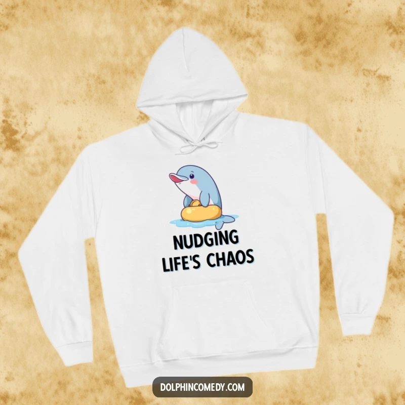 Funny Hoodie: A mischievous dolphin playfully nudging a floating object. Cozy and humorous outerwear for playful souls.