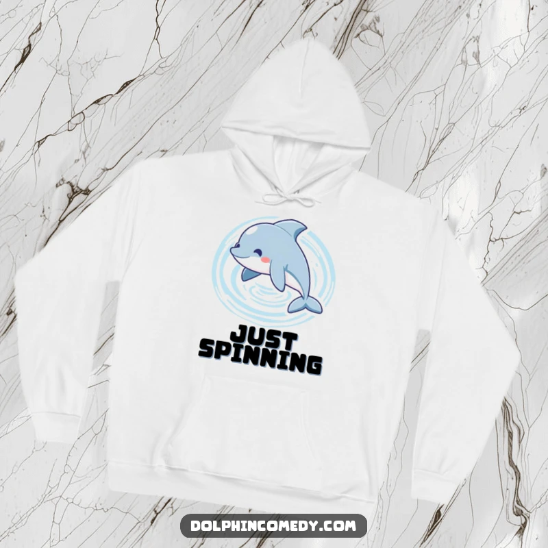 Funny playful dolphin hoodie featuring a dolphin swimming in a circle, creating ripples, ideal for cozy wear.