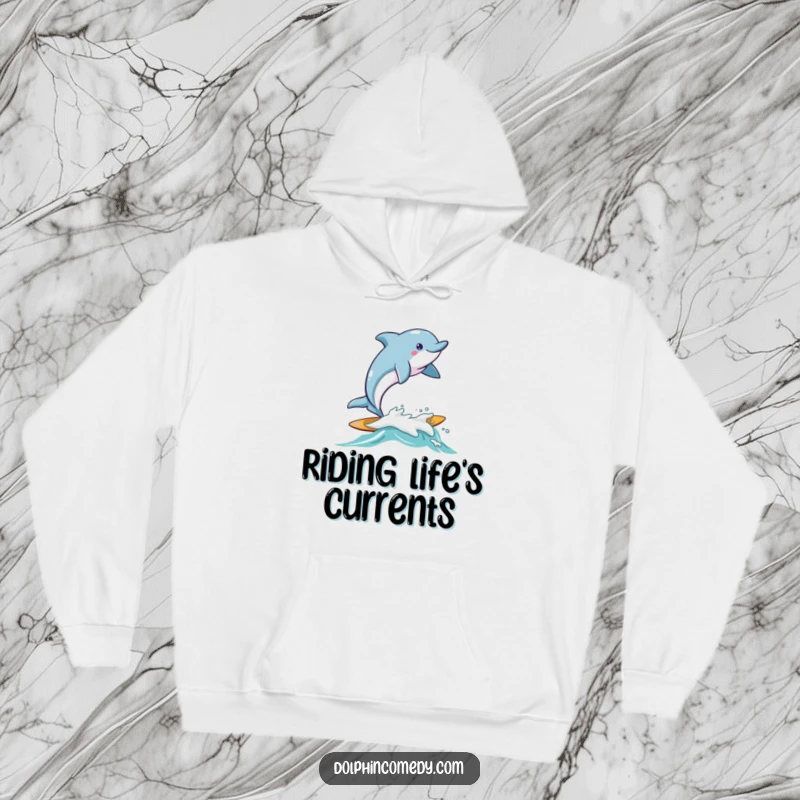 Funny Dolphin Hoodie featuring a dolphin joyfully surfing on a friendly wave, perfect for cozying up with ocean vibes.
