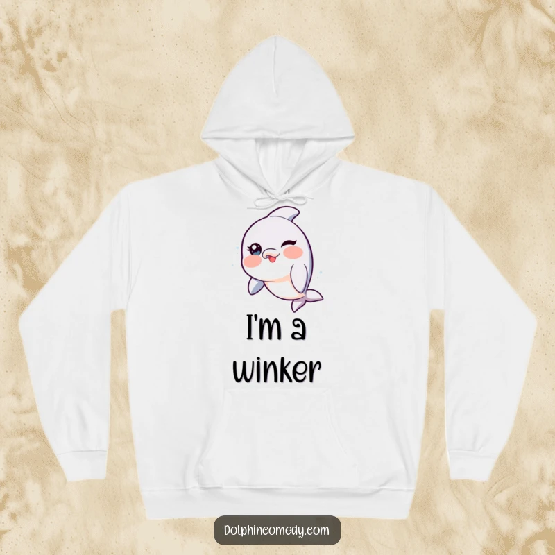 Funny Dolphin Hoodie with rosy cheeks, playfully winking, perfect for staying warm and spreading humor.