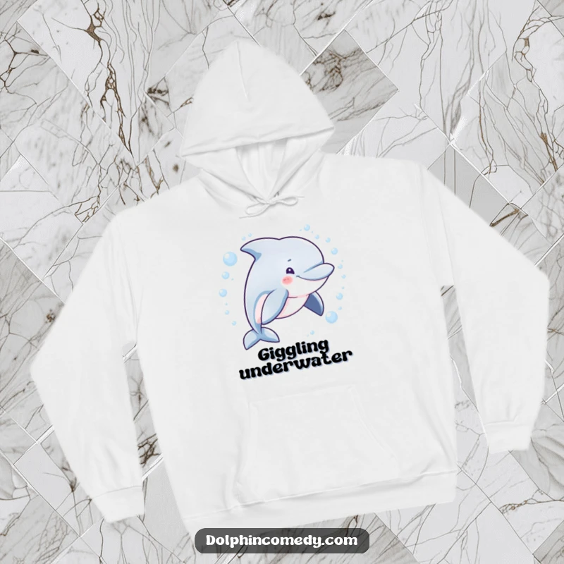 Funny hooded sweatshirt featuring a mischievous dolphin swimming in a bubbly circle, evoking a sense of playful fun.