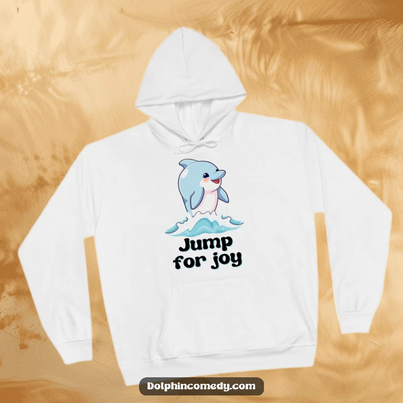 Funny hoodie illustrating a dolphin expressing extreme joy while breaching dramatically from ocean waves, perfect for cozying up.