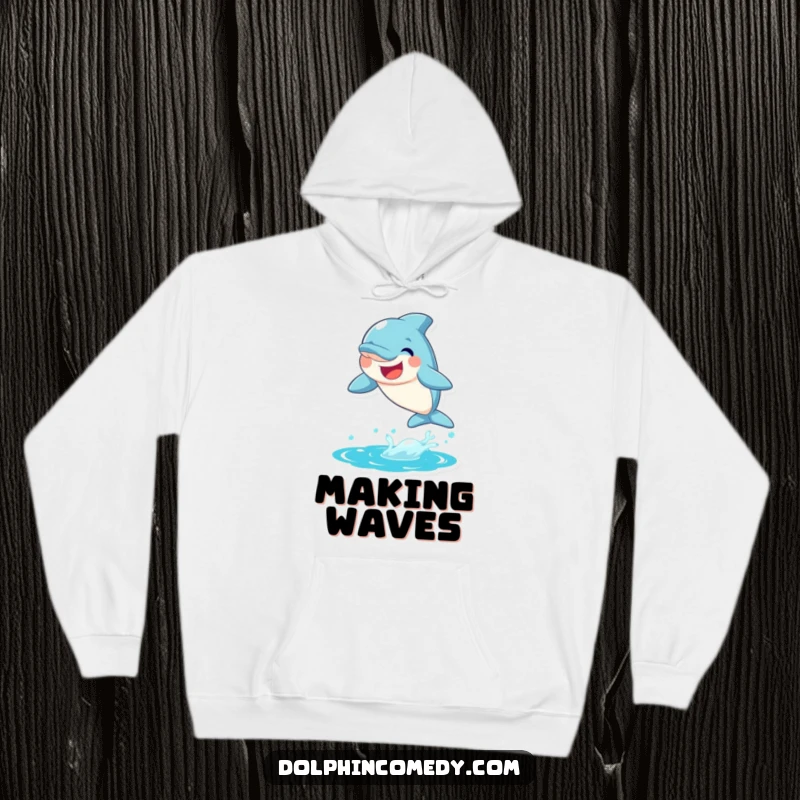 Funny Dolphin Hoodie depicting a joyful dolphin leaping from the water with a big smile, perfect for cozy comfort.