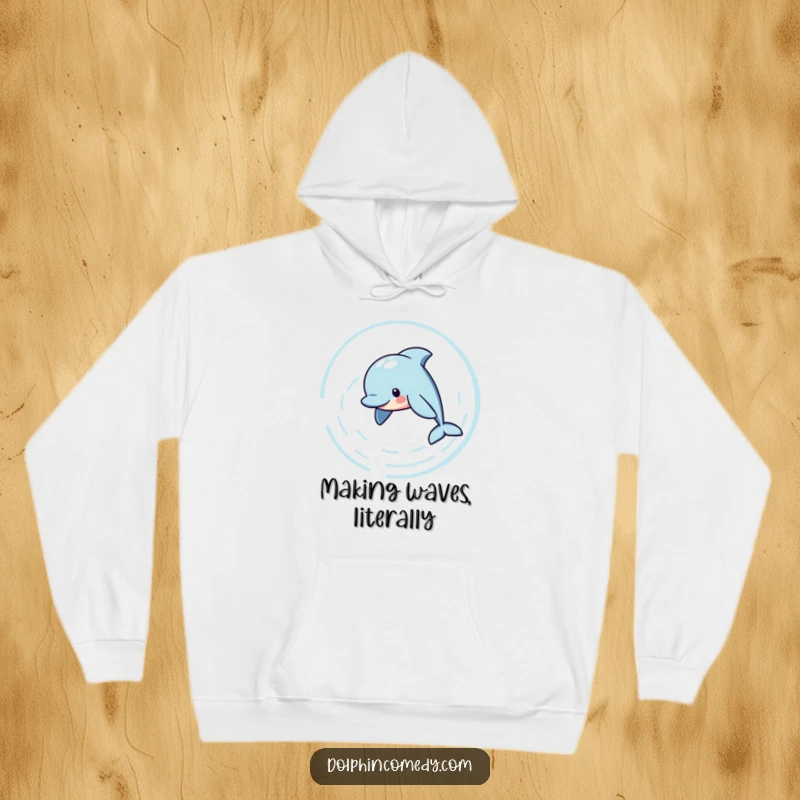 Funny Hoodie depicting a playful dolphin swimming in a circle, generating eye-catching water ripples, perfect for cozying up, an ideal funny gift.