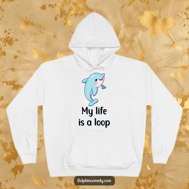 Funny hoodie depicting a playful dolphin in a joyful spinning motion, offering cozy comfort and a burst of oceanic cheer.
