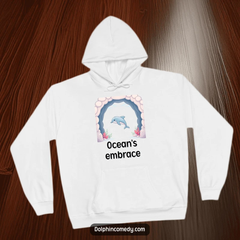 Funny Dolphin Hoodie showing a sleek dolphin swimming through an underwater archway, cozy and full of aquatic humor.