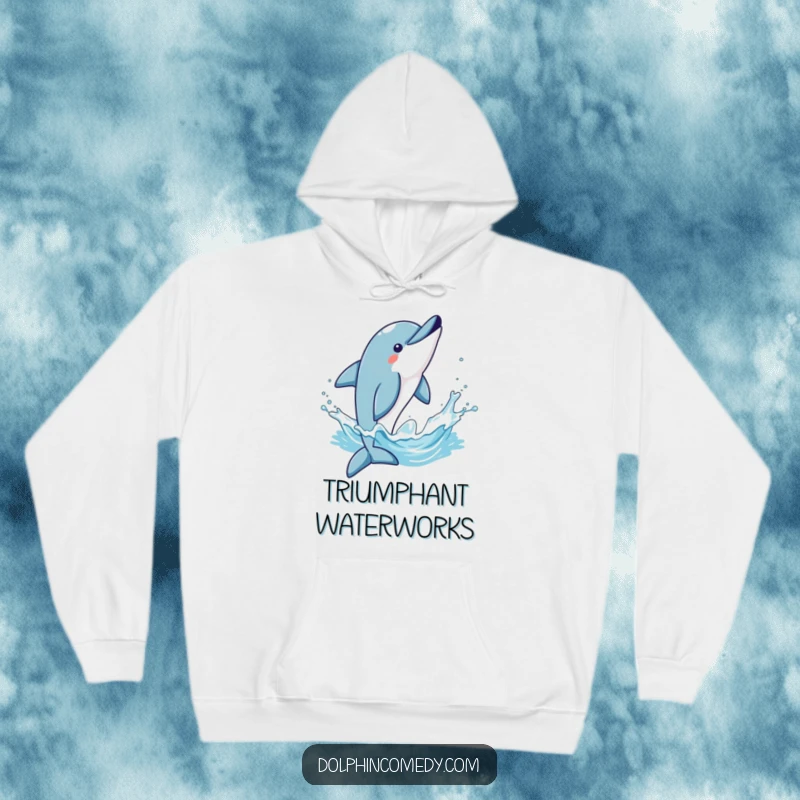 Funny hooded sweatshirt featuring a dolphin mid-flip, exuberantly splashing water, symbolizing triumph and aquatic power.