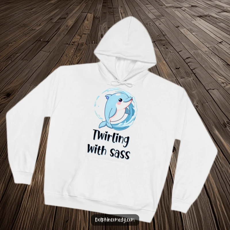 Funny Dolphin Hoodie depicting a playful dolphin twirling in a wave with sparkling eyes, perfect for cozy comfort.