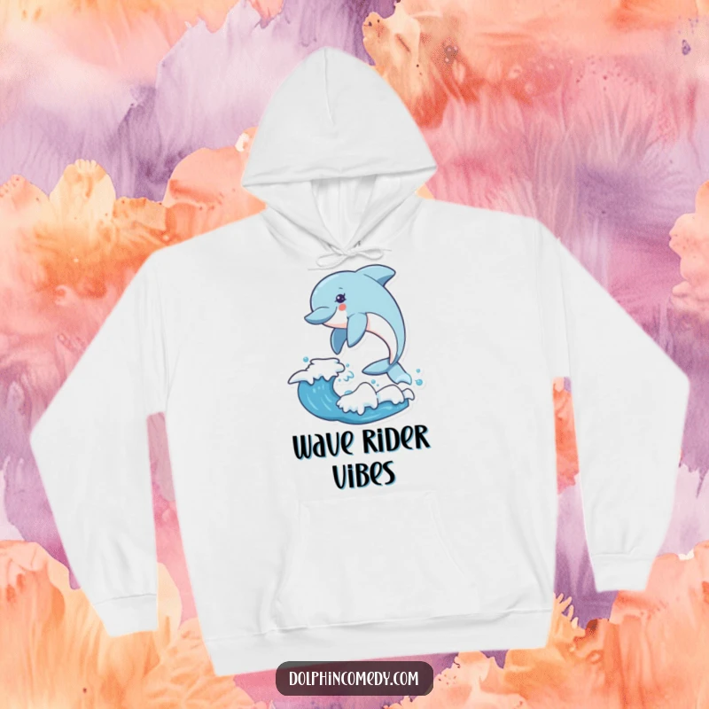Funny excited dolphin hoodie depicting a dolphin leaping over a wave, designed for warmth and sporty humor.