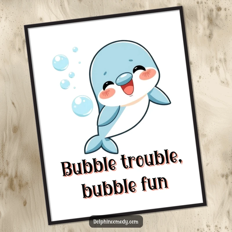Funny Free Printable Wall Art of a happy dolphin joyfully blowing a perfect ring of shimmering bubbles.