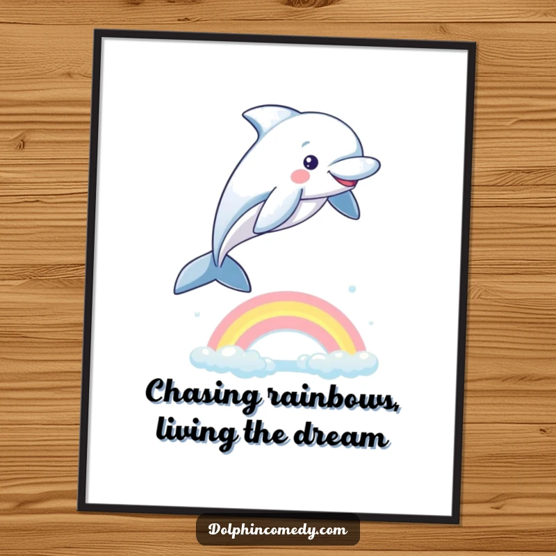 Funny Free Printable Wall Art of a playful dolphin mid-leap over a radiant, shimmering rainbow.