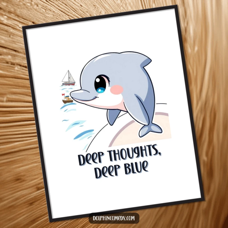 Funny Free Printable Wall Art: A dolphin with big, intelligent eyes observes a boat on the water, creating a scene of quiet curiosity.