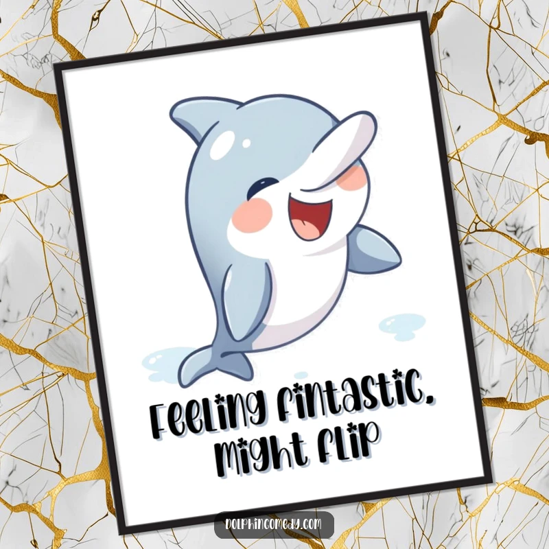 Funny Free Printable Wall Art: A giggling dolphin with its fin raised invites interaction, full of playful energy.