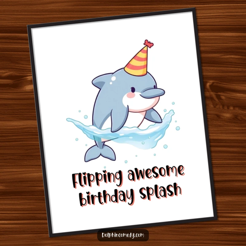 Funny free printable wall art of a dolphin in a party hat, captured mid-splash, ready to bring the fun.