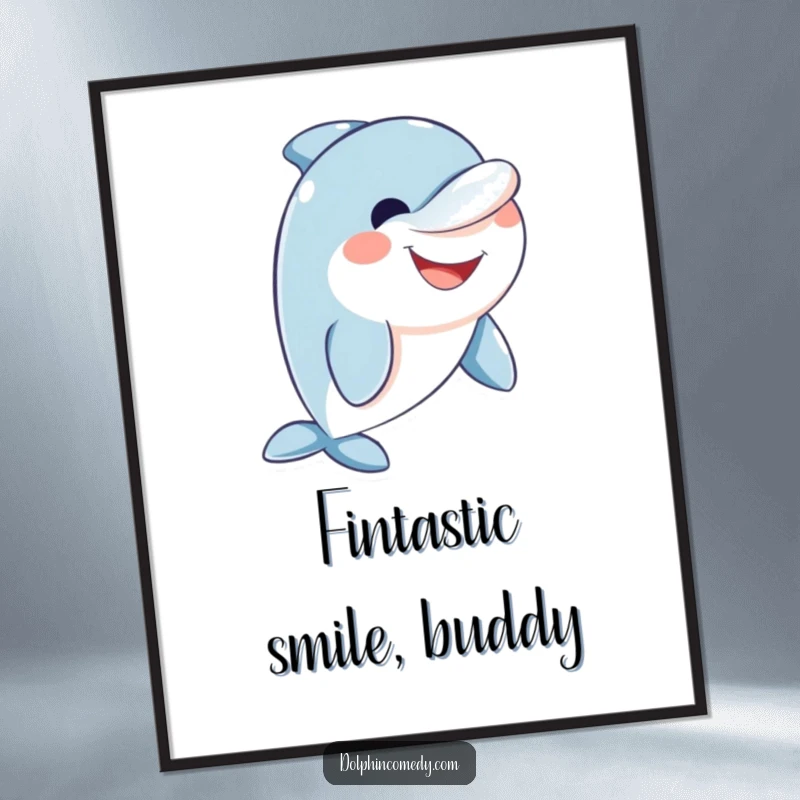 Funny Free Printable Dolphin Wall Art: A friendly dolphin displays a large, genuinely welcoming smile.