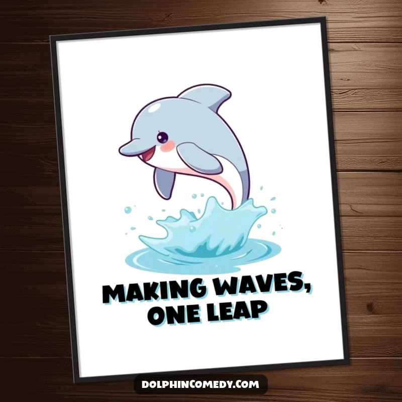 Funny Free Printable Dolphin Wall Art: A happy dolphin leaps high out of the water, creating a dynamic splash.
