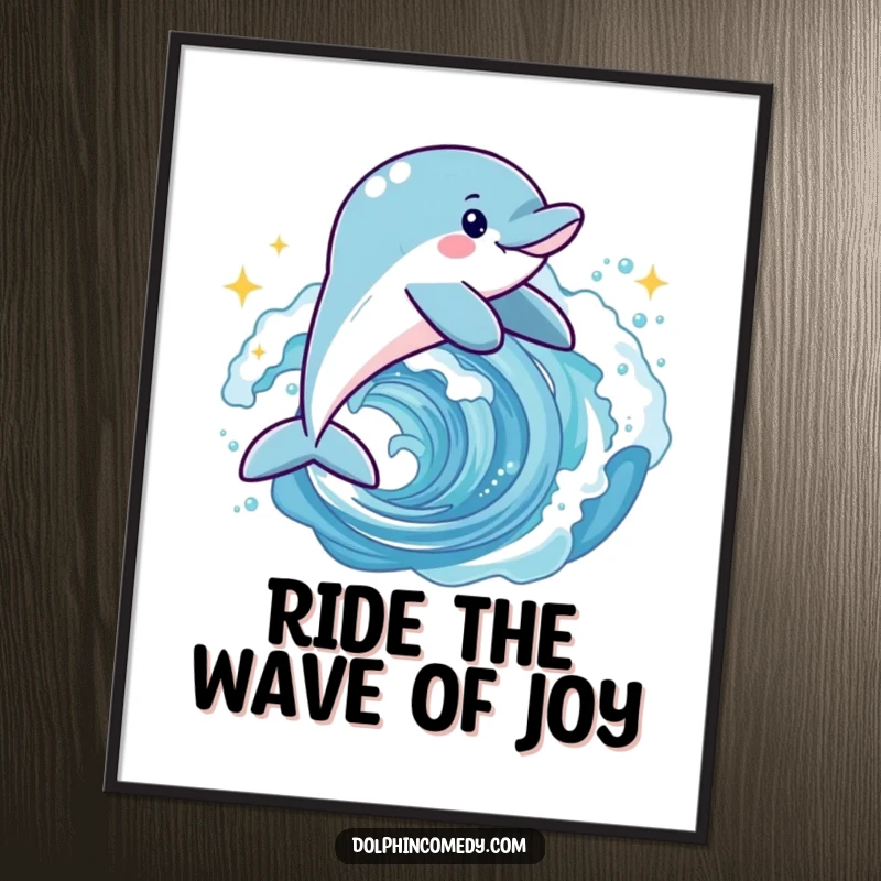 Funny Free Printable Dolphin Wall Art: An energetic dolphin is captured mid-leap through a glittering wave.
