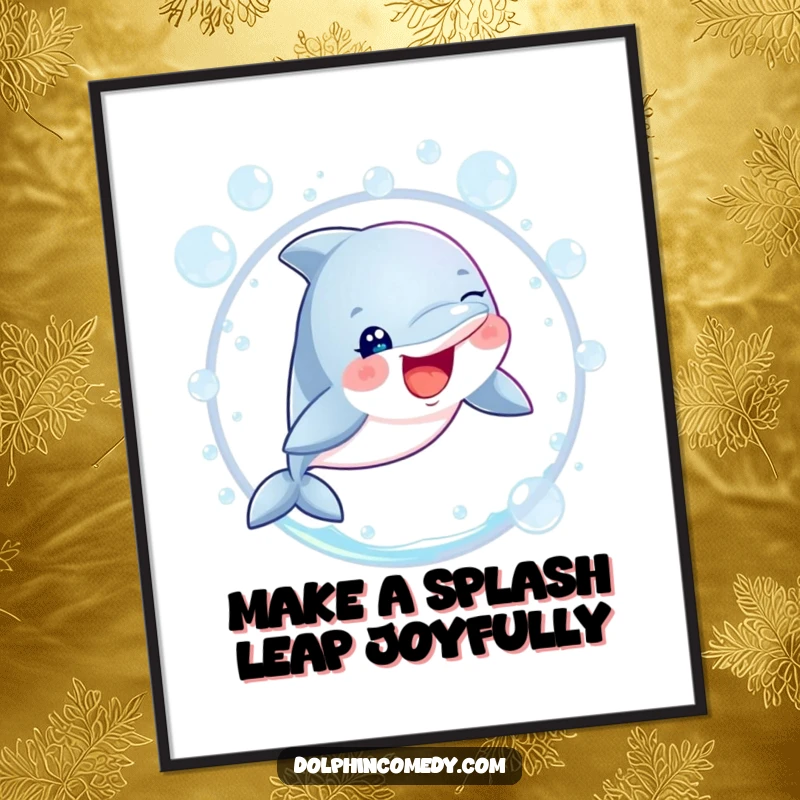 Funny Free Printable Wall Art: A vibrant dolphin with sparkling eyes leaping energetically through a circular frame of effervescent bubbles.