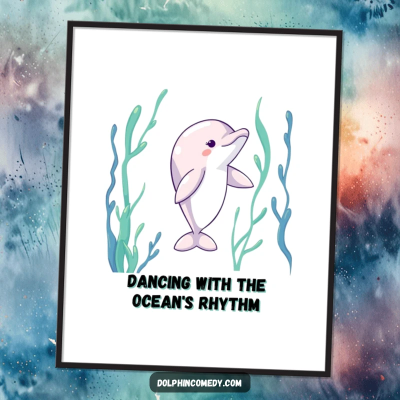 Funny Free Printable Wall Art depicting a dolphin with elegant, extended fins dancing gracefully through a vibrant underwater kelp forest.