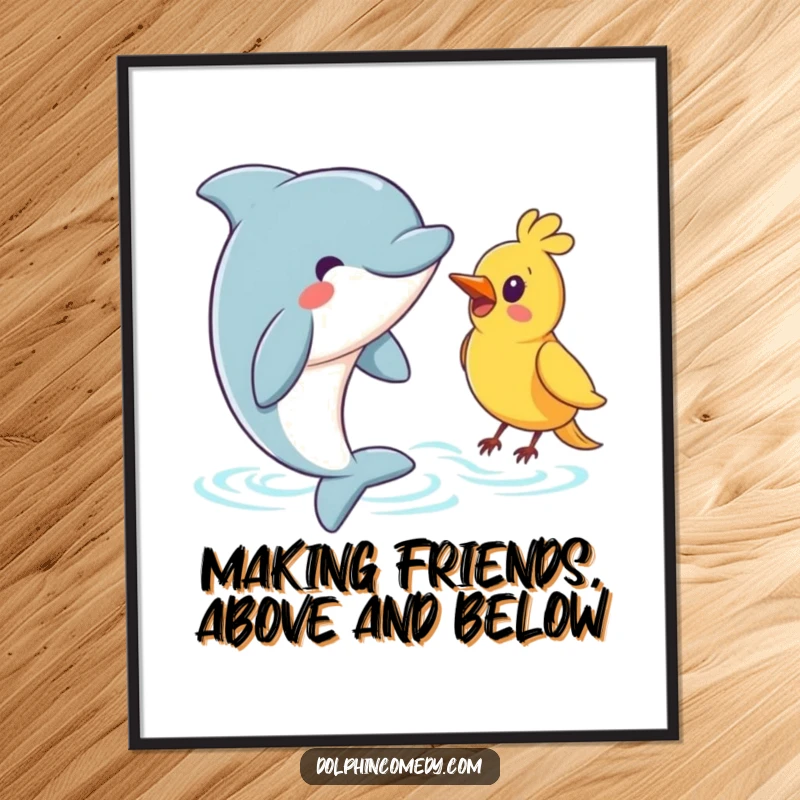 Funny Free Printable Wall Art depicting a dolphin warmly greeting a friendly bird as it surfaces from the water.