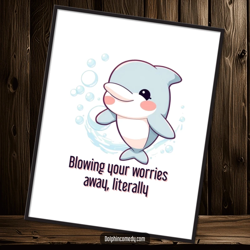 Funny free printable wall art depicting a cheerful dolphin expertly blowing a perfect, shimmering ring of bubbles underwater.