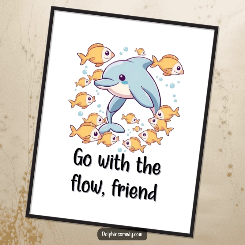 Funny Free Printable Wall Art: A happy dolphin swimming amongst a playful school of colorful fish, depicting friendship and underwater fun.