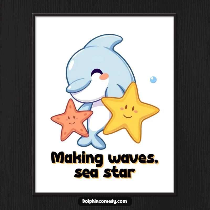 Funny Free Printable Wall Art: A joyful dolphin splashing playfully with a colorful starfish, vibrant underwater downloadable art.