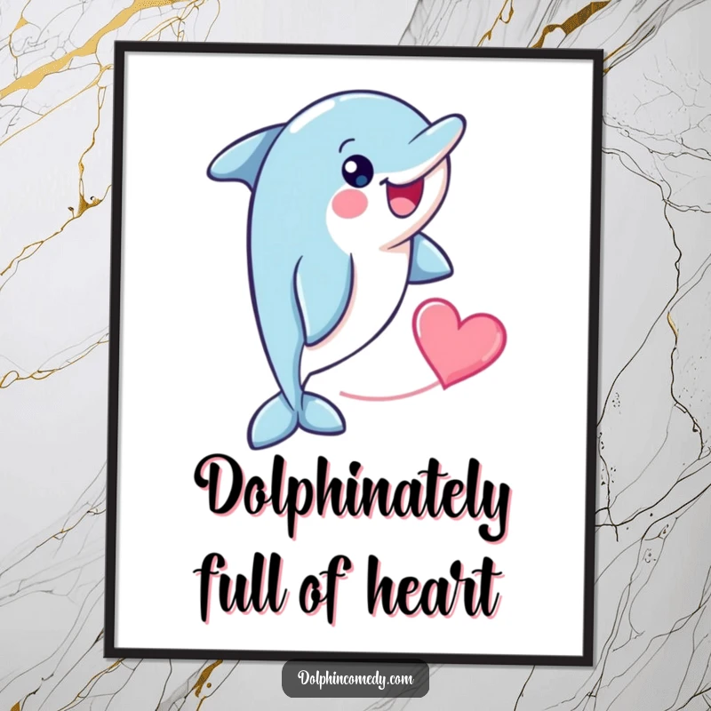 Funny Free Printable Wall Art: A cheerful dolphin swims across, a cute heart shape gracefully trailing behind.