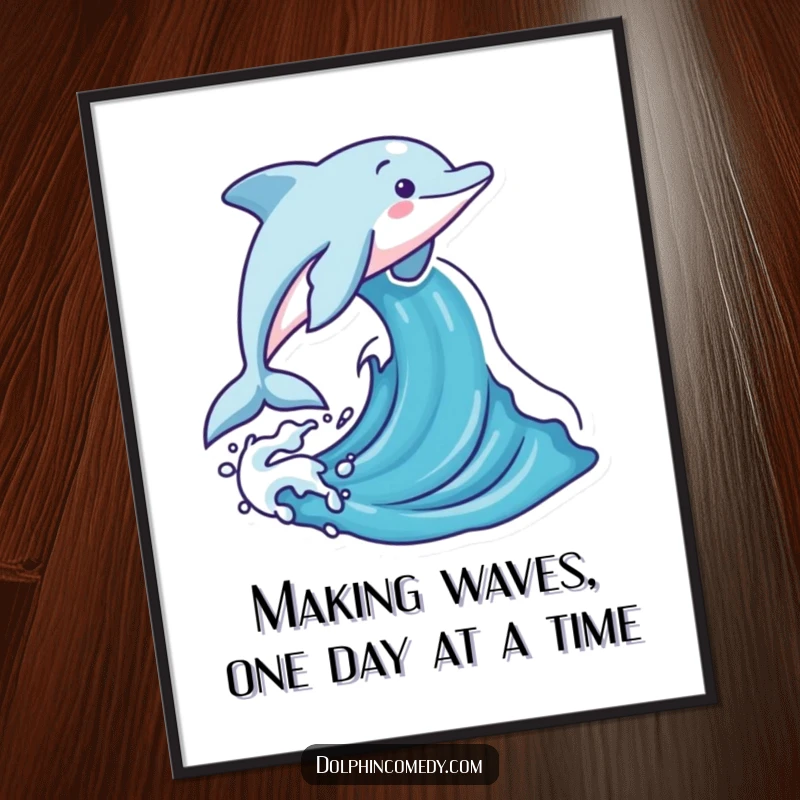 Funny Free Printable Wall Art: A cute dolphin energetically leaping from a dynamic, stylized ocean wave.