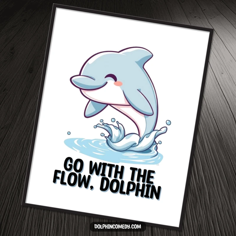 Funny Free Printable Wall Art: A cheerful dolphin with a wide smile leaping dynamically from the ocean surface. Marine art.