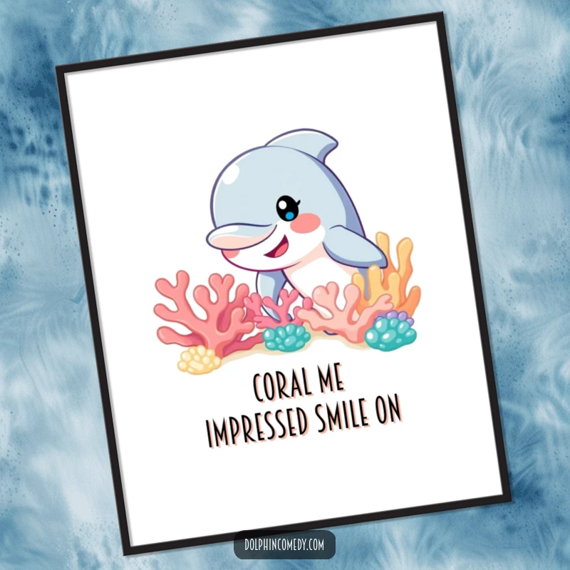 Funny Free Printable Wall Art: A wide-smiling dolphin playfully peeks from concealment behind a detailed coral reef.