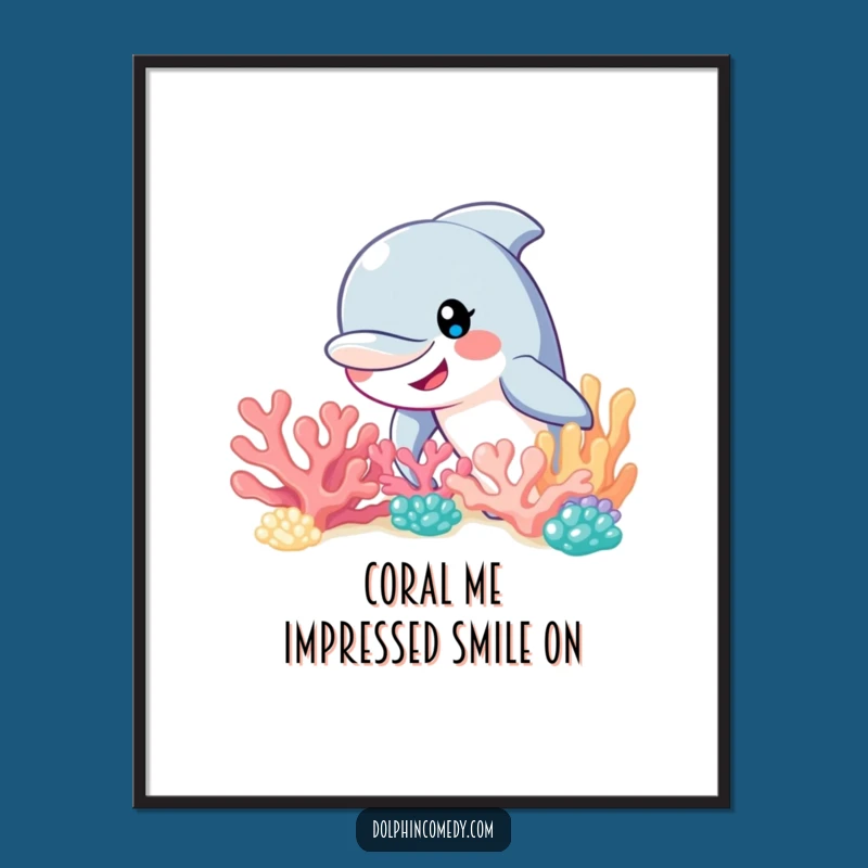 Free Printable Wall Art: Smiling Dolphin Coral Peek, Funny Downloadable Art Decor